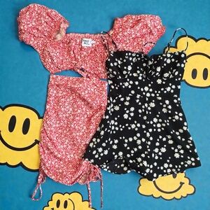 3 Piece Princess Polly Lot - Daisy Floral Size 2 XS Red Black Dress Top Skirt